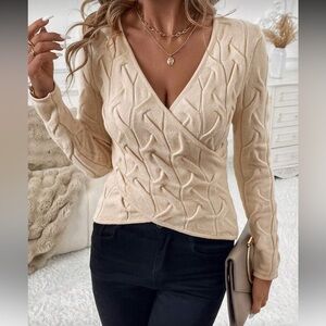 Luxe cable knit drop shoulder wrap hem sweater top